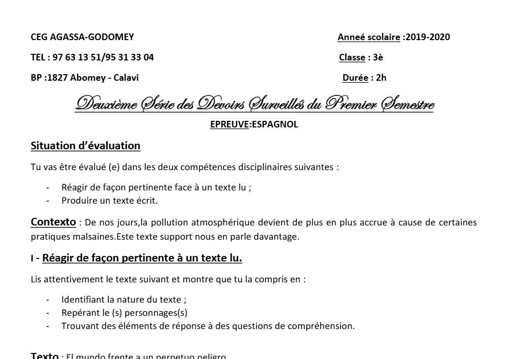 Aperçu de la première page — 3ème Espagnol 2ème Devoir 1er Semestre CEG Agassa Godomey 2019 2020