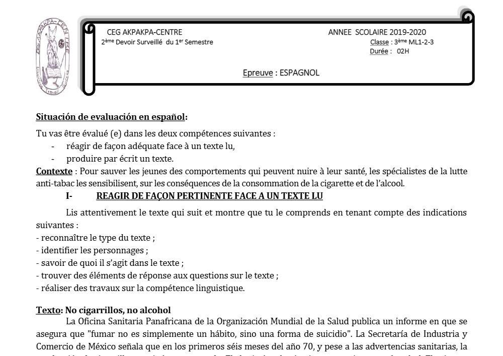 Aperçu de la première page — 3ème Espagnol 2ème Devoir 1er Semestre CEG Akpakpa 2019 2020