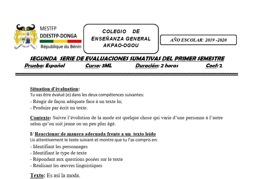 Aperçu de la première page — 3ème Espagnol 2ème Devoir 1er Semestre CEG Apkao Ogou 2019 2020