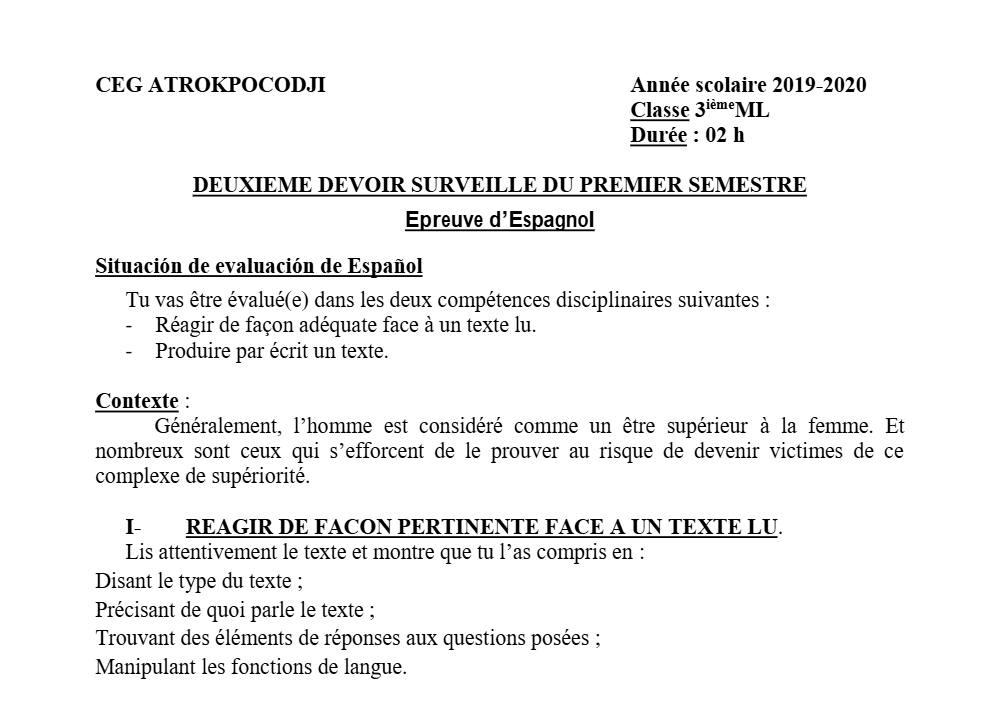 Aperçu de la première page — 3ème Espagnol 2ème Devoir 1er Semestre CEG Atrokpocodji 2019 2020