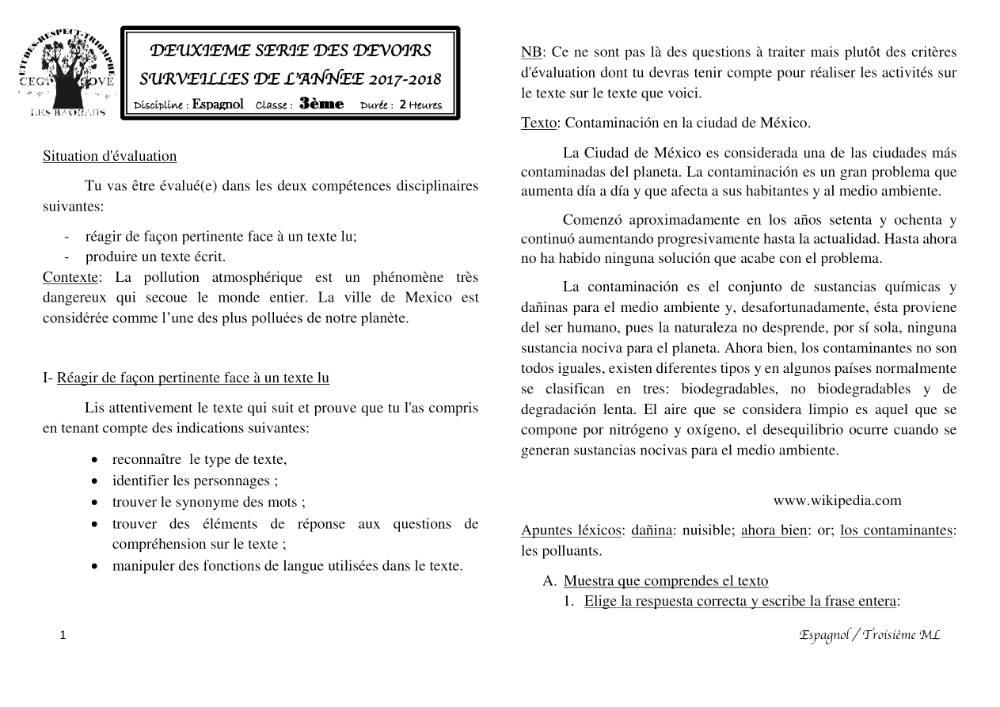 Aperçu de la première page — 3ème Espagnol 2ème Devoir 1er Semestre CEG Cove 2017 2018