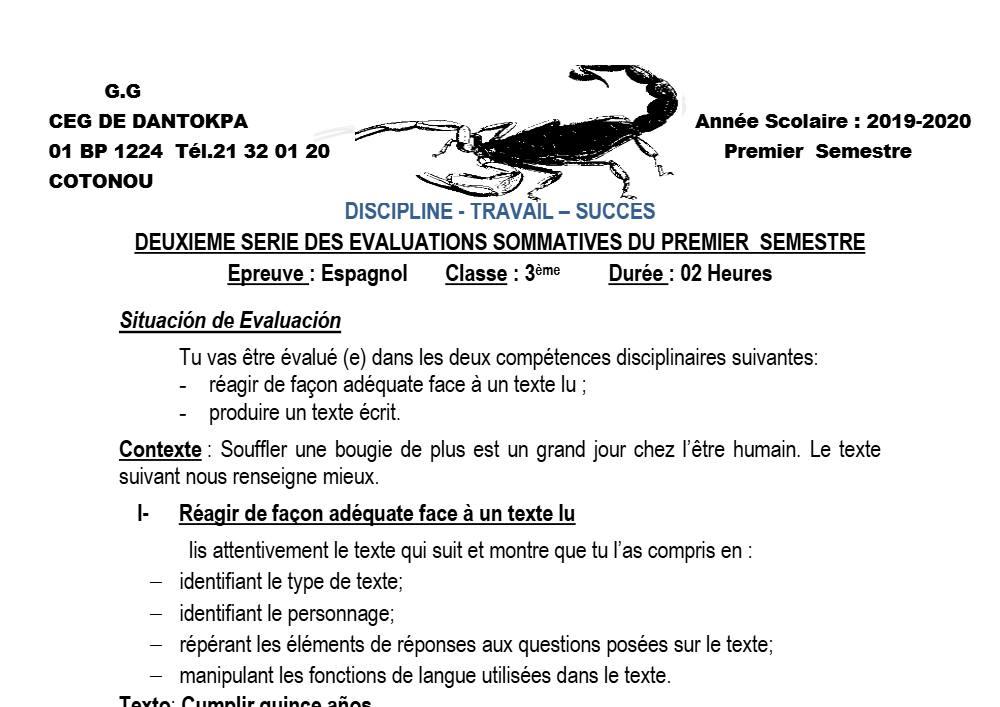 Aperçu de la première page — 3ème Espagnol 2ème Devoir 1er Semestre CEG Dantokpa 2019 2020