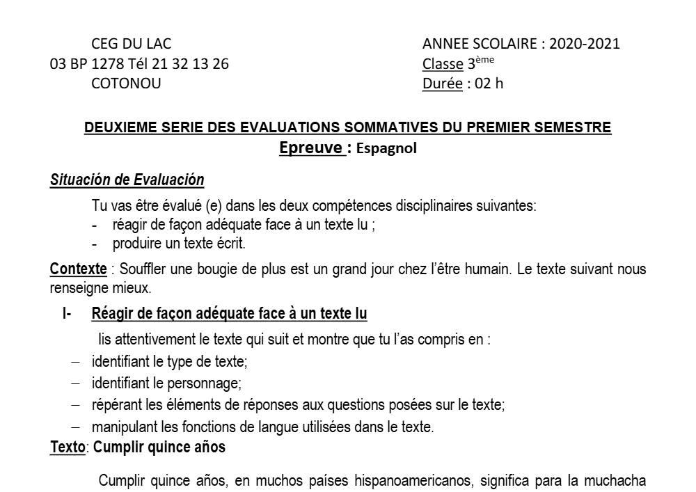 Aperçu de la première page — 3ème Espagnol 2ème Devoir 1er Semestre CEG du Lac 2020 2021