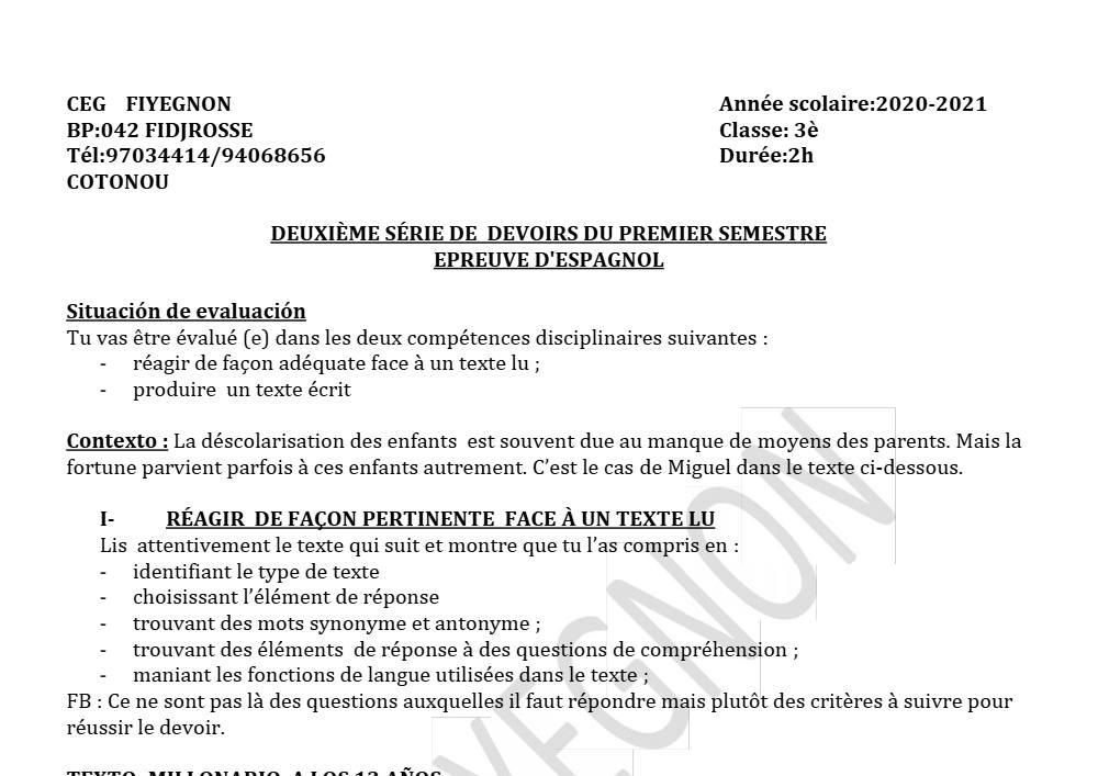 Aperçu de la première page — 3ème Espagnol 2ème Devoir 1er Semestre CEG Fiyegnon 2020 2021