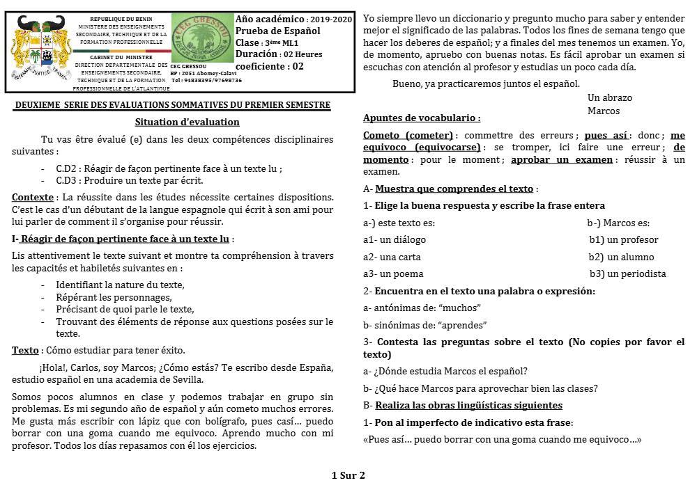 Aperçu de la première page — 3ème Espagnol 2ème Devoir 1er Semestre CEG Gbessou 2019 2020