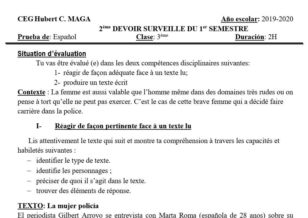 Aperçu de la première page — 3ème Espagnol 2ème Devoir 1er Semestre CEG Hubert C Maga 2019 2020