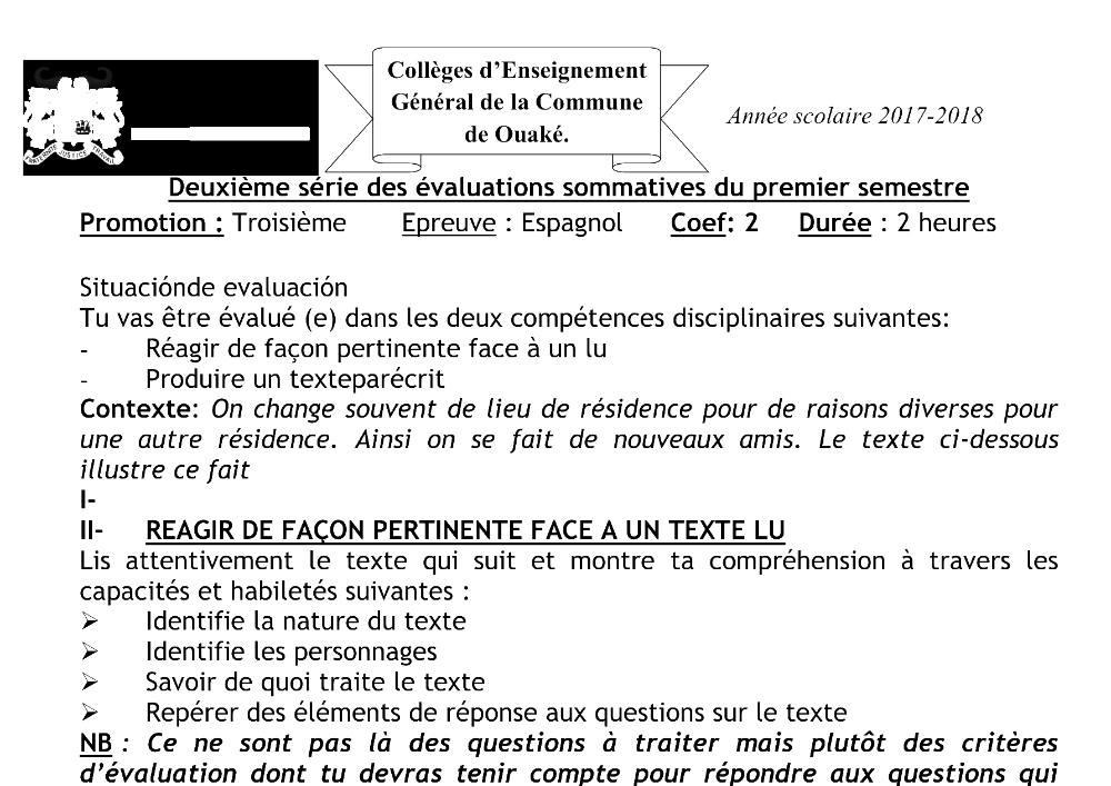 Aperçu de la première page — 3ème Espagnol 2ème Devoir 1er Semestre CEG Ouake 2017 2018