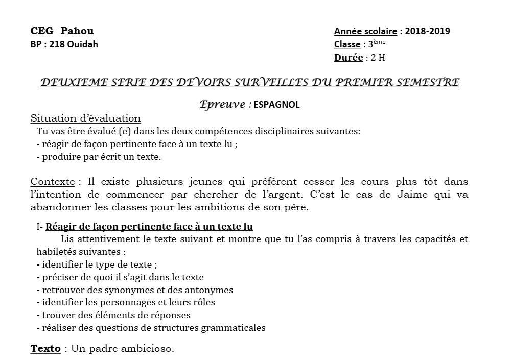 Aperçu de la première page — 3ème Espagnol 2ème Devoir 1er Semestre CEG Pahou 2018 2019