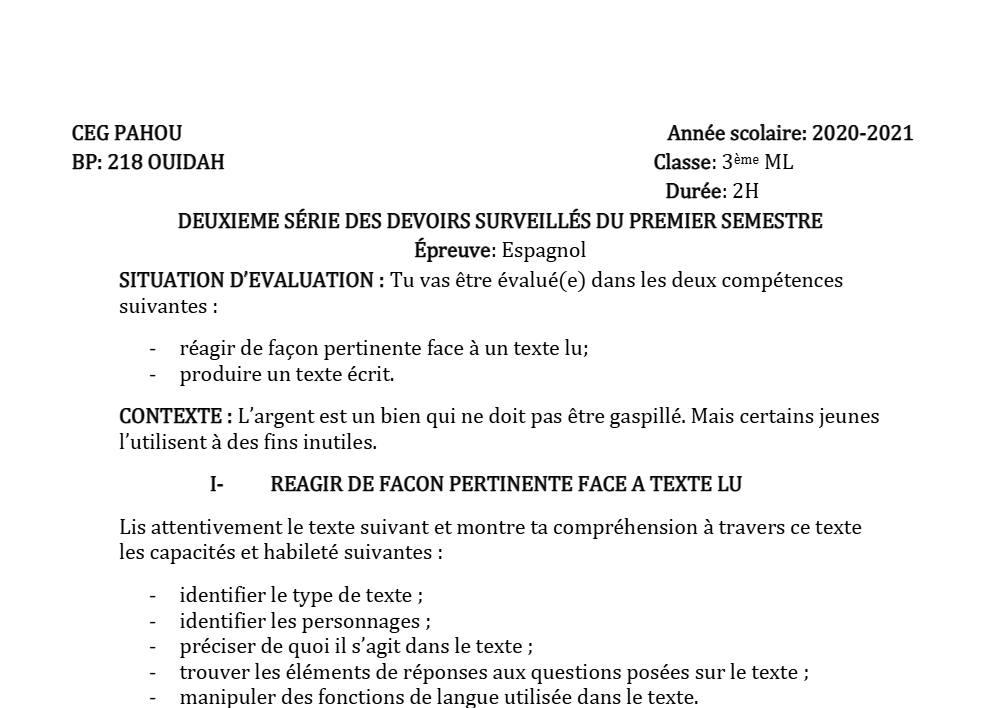 Aperçu de la première page — 3ème Espagnol 2ème Devoir 1er Semestre CEG Pahou 2020 2021
