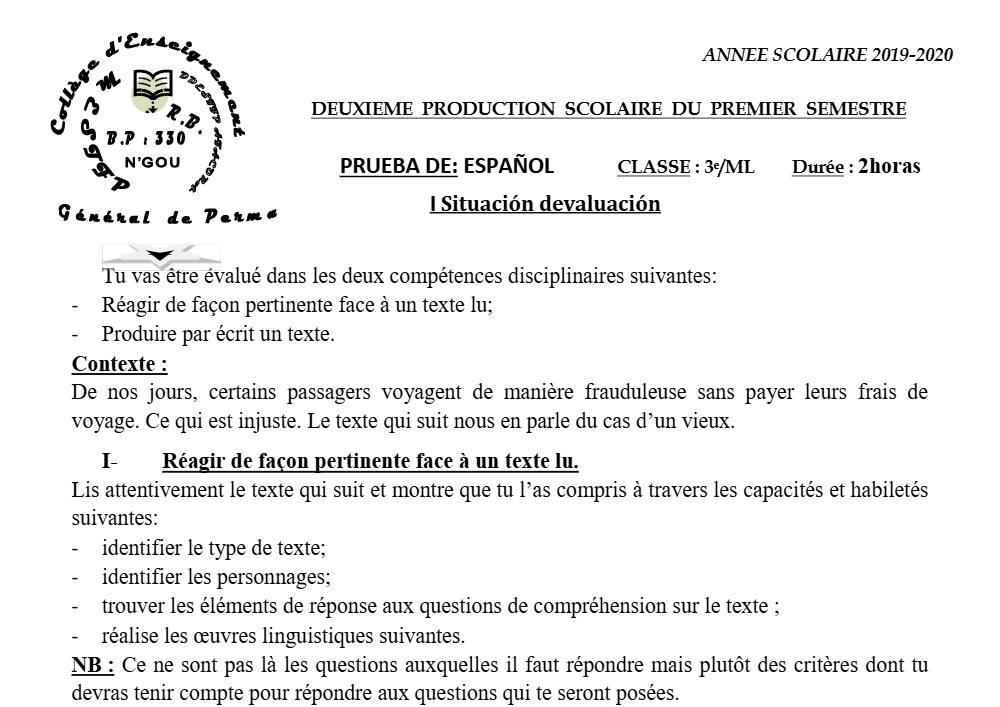 Aperçu de la première page — 3ème Espagnol 2ème Devoir 1er Semestre CEG Perma 2019 2020