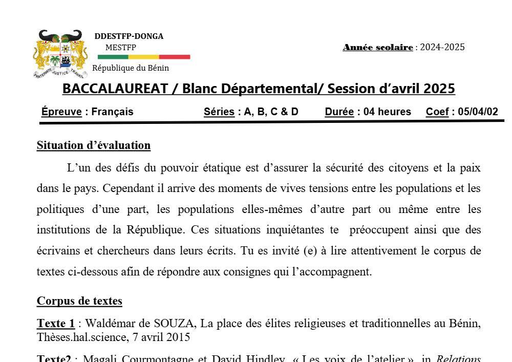Aperçu de la première page — DONGA BAC BLANC 25 FRANCAIS ABCD