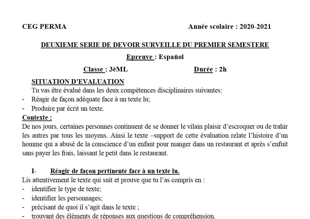 Aperçu de la première page — 3ème Espagnol 2ème Devoir 1er Semestre CEG Perma 2020 2021