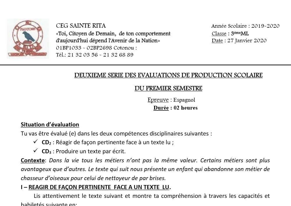 Aperçu de la première page — 3ème Espagnol 2ème Devoir 1er Semestre CEG Sainte Rita 2019 2020