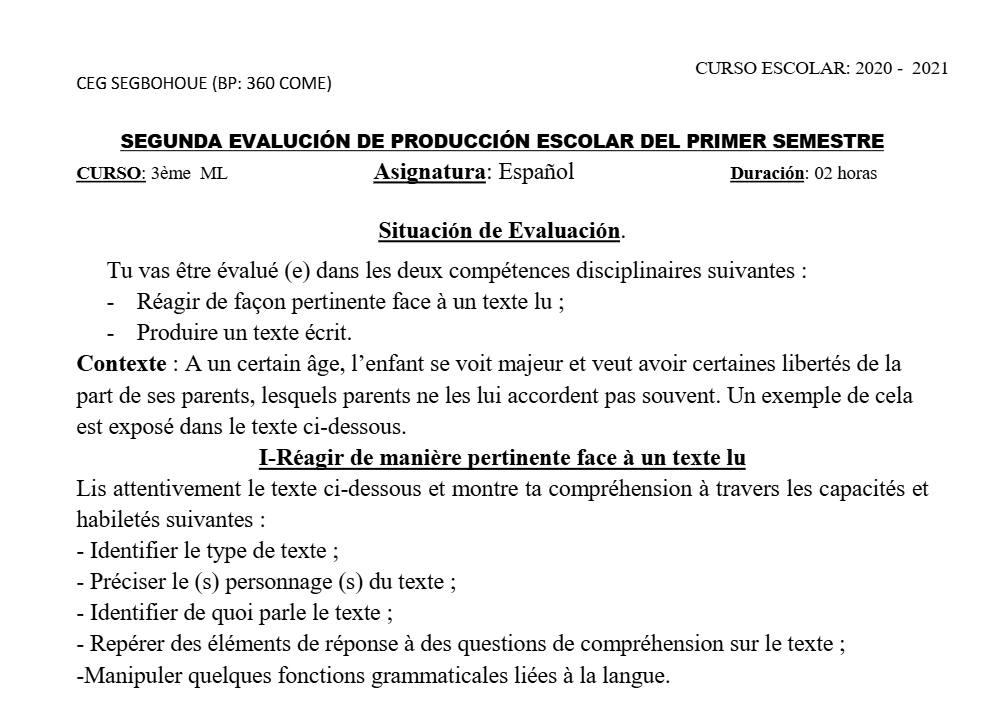 Aperçu de la première page — 3ème Espagnol 2ème Devoir 1er Semestre CEG Segbohoue 2020 2021