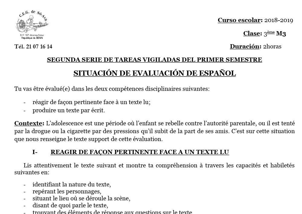 Aperçu de la première page — 3ème Espagnol 2ème Devoir 1er Semestre CEG So Ava 2018 2019