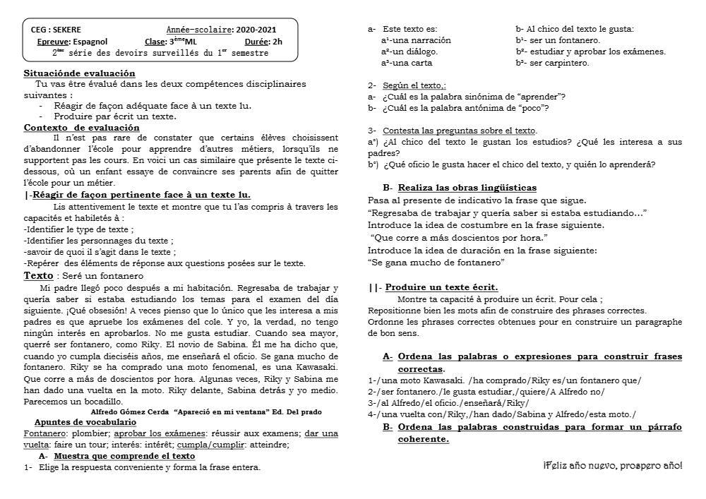 Aperçu de la première page — 3ème Espagnol 2ème Devoir 1er Semestre CEG Sékéré 2020 2021