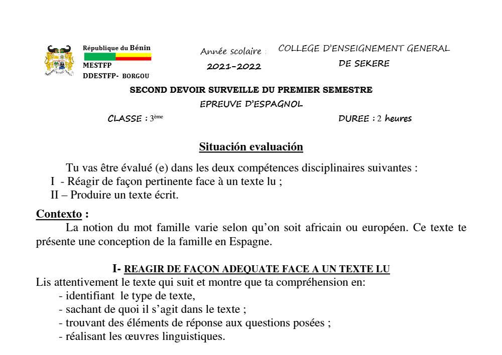 Aperçu de la première page — 3ème Espagnol 2ème Devoir 1er Semestre CEG Sékéré 2021 2022