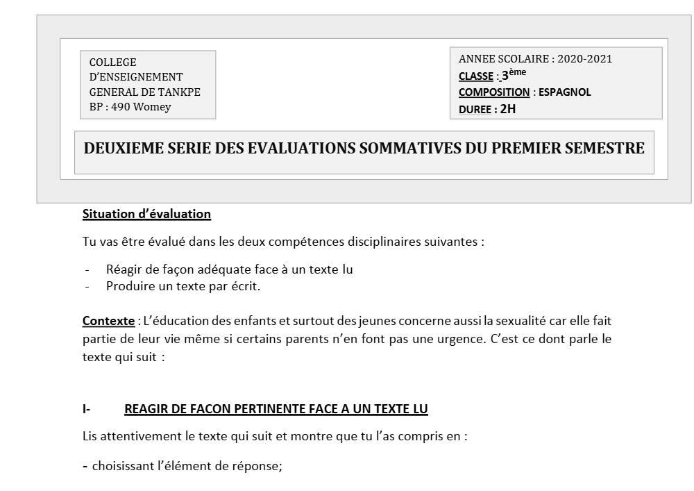 Aperçu de la première page — 3ème Espagnol 2ème Devoir 1er Semestre CEG Tankpè 2020 2021