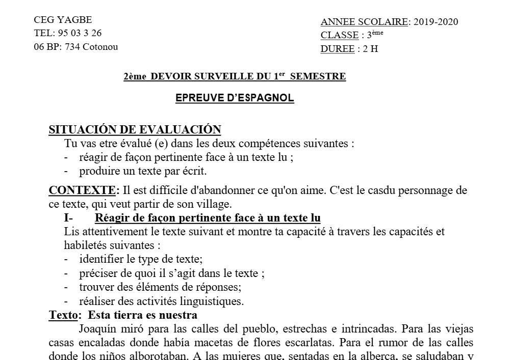 Aperçu de la première page — 3ème Espagnol 2ème Devoir 1er Semestre CEG Yagbe 2019 2020