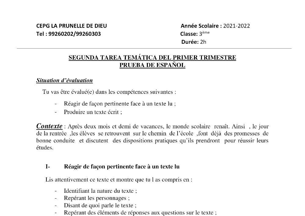 Aperçu de la première page — 3ème Espagnol 2ème Devoir 1er Trimestre CPEG La Prunelle de Dieu 2021 2022 (2)