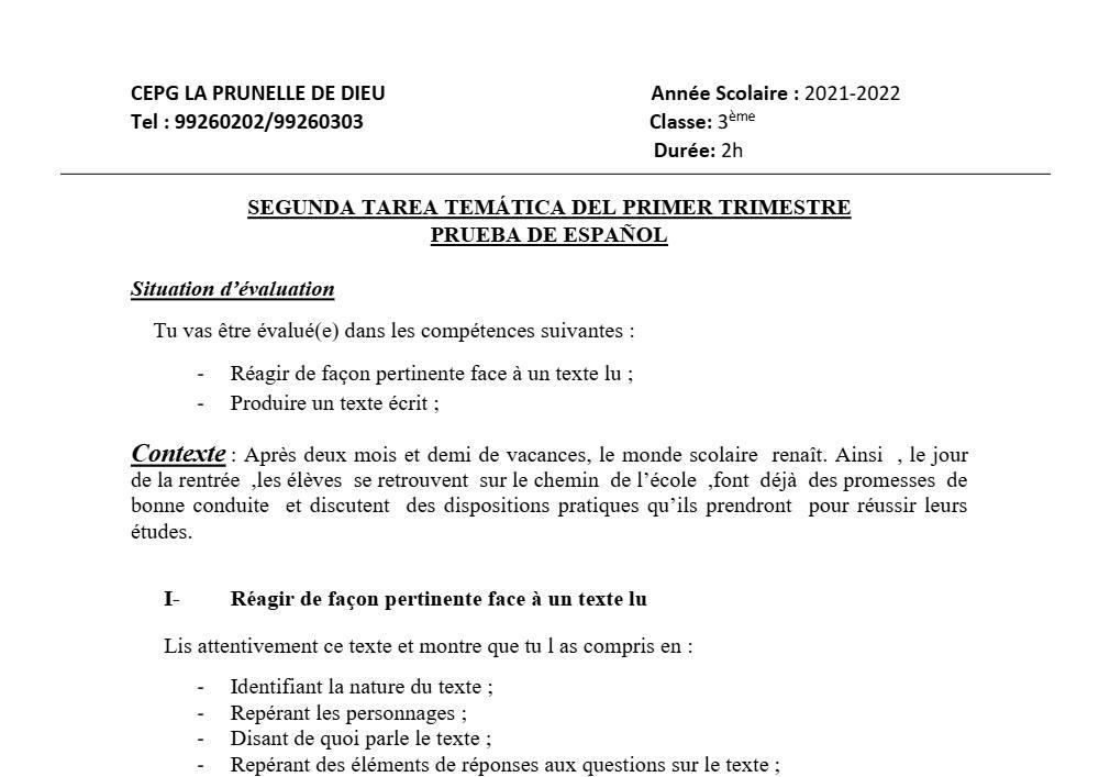 Aperçu de la première page — 3ème Espagnol 2ème Devoir 1er Trimestre CPEG La Prunelle de Dieu 2021 2022