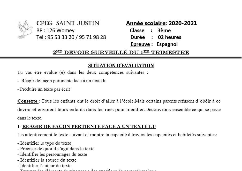 Aperçu de la première page — 3ème Espagnol 2ème Devoir 1er Trimestre CPEG Saint Justin 2021