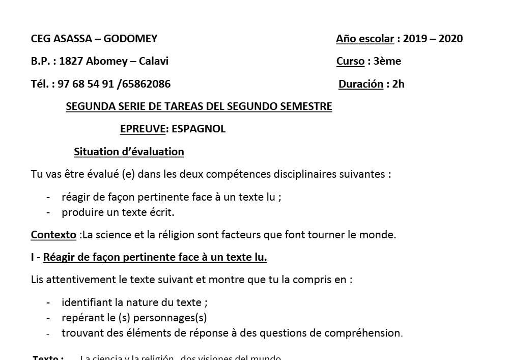 Aperçu de la première page — 3ème Espagnol 2ème Devoir 2ème Semestre CEG Agassa Godomey 2019 2020