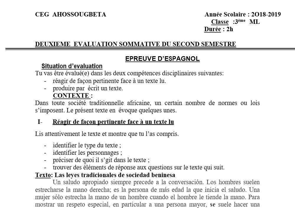 Aperçu de la première page — 3ème Espagnol 2ème Devoir 2ème Semestre CEG Ahossougbéta 2018 2019