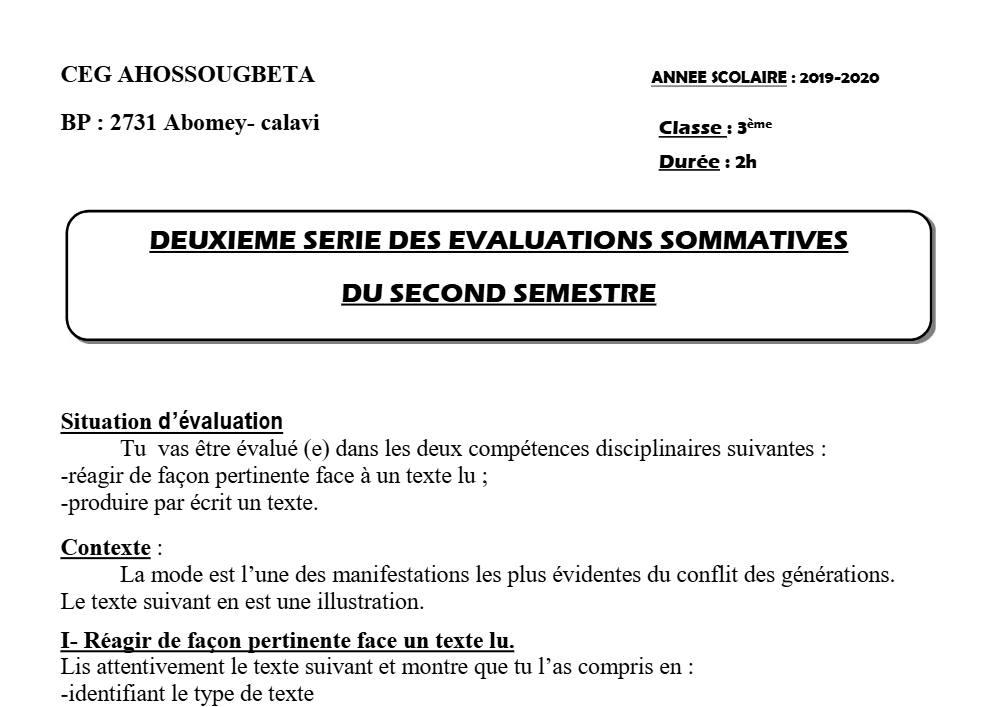 Aperçu de la première page — 3ème Espagnol 2ème Devoir 2ème Semestre CEG Ahossougbéta 2019 2020