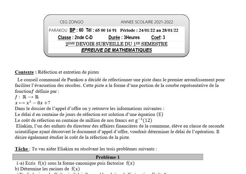 Aperçu de la première page — 2nde D C Mathématiques 2ème Devoir 1er Semestre 2nde Cd CEG Zongo 2021 2022