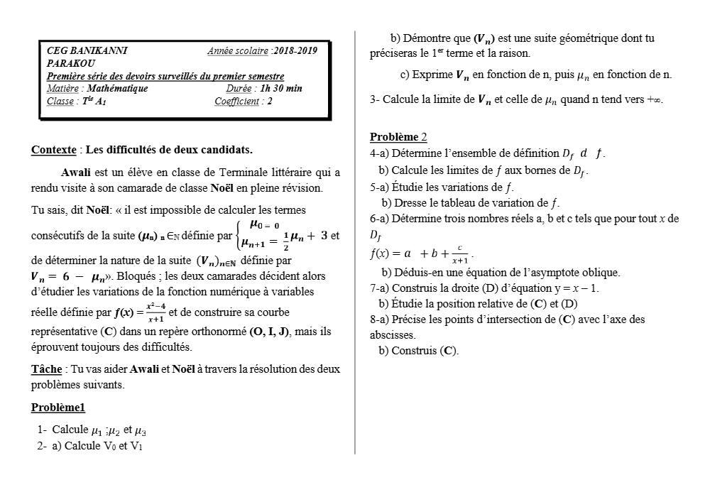 Aperçu de la première page — Tle A1 Mathématiques 1er Devoir 1er Semestre CEG Banikanni 2018 2019