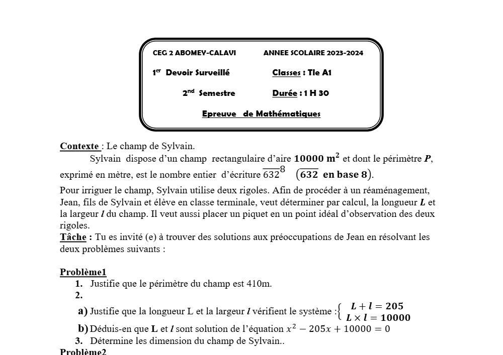 Aperçu de la première page — Tle A1 Mathématiques 1er Devoir 2ème Semestre CEG2 Abomey Calavi 2023 2024