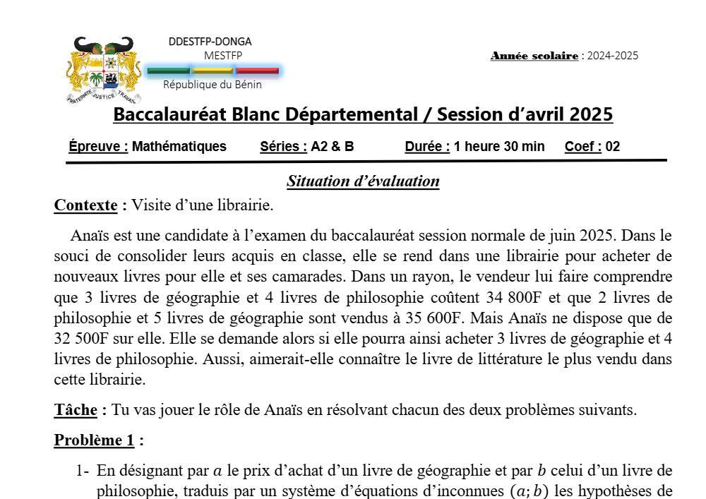 Aperçu de la première page — DONGA BACBLANC 25 MATH Série A2B