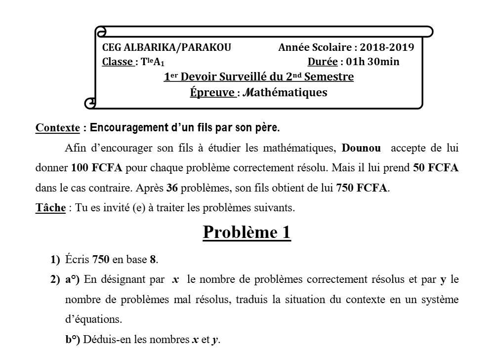 Aperçu de la première page — Tle A1 Mathématiques 1er Devoir 2ème Semestre CEG Albarika 2018 2019