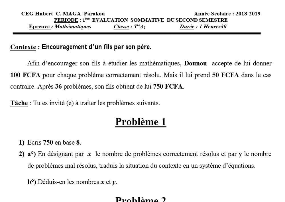 Aperçu de la première page — Tle A1 Mathématiques 1er Devoir 2ème Semestre CEG Hubert C Maga 2018 2019