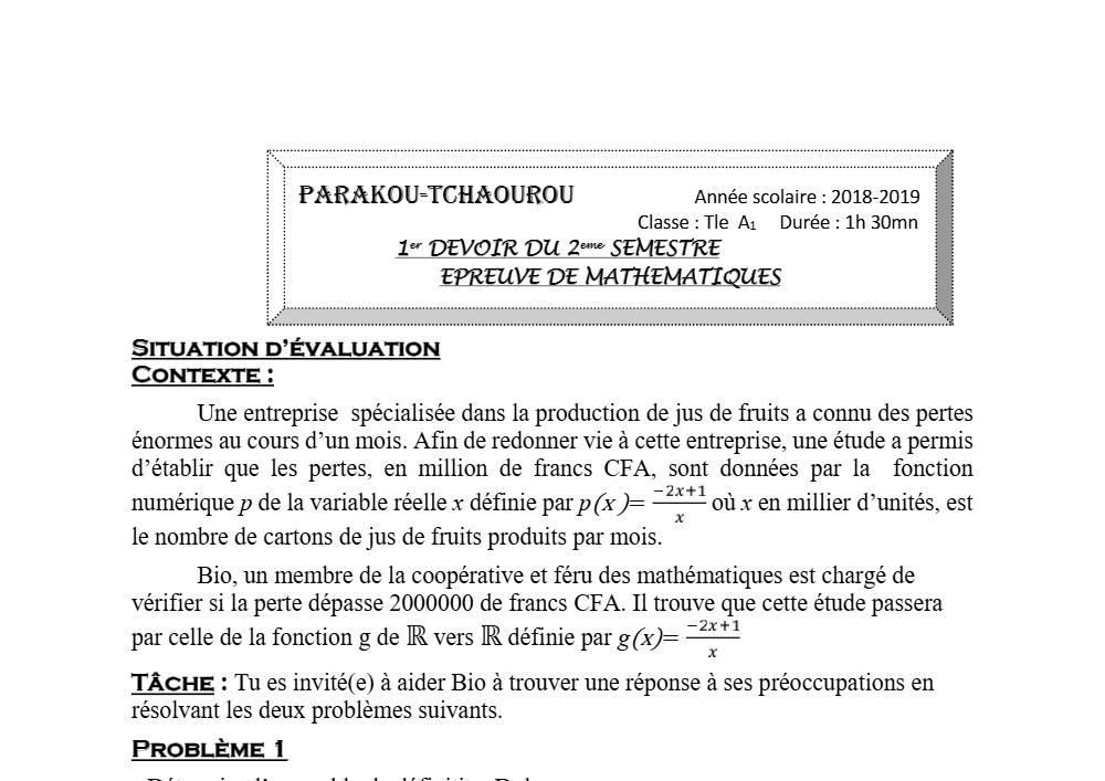 Aperçu de la première page — Tle A1 Mathématiques 1er Devoir 2ème Semestre CEG Tchaourou 2018 2019