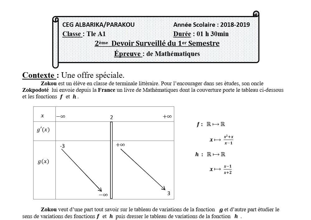 Aperçu de la première page — Tle A1 Mathématiques 2ème Devoir 1er Semestre CEG Albarika 2018 2019 (2)