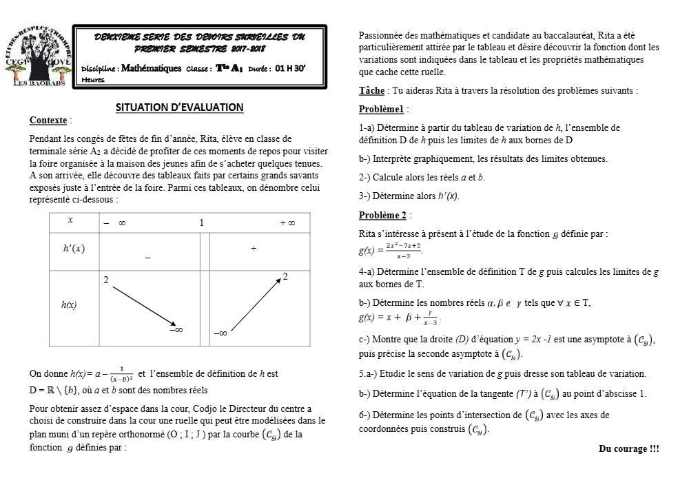 Aperçu de la première page — Tle A1 Mathématiques 2ème Devoir 1er Semestre CEG Cove 2017 2018
