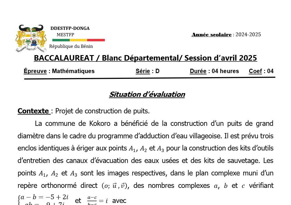 Aperçu de la première page — DONGA BAC BLANC 25 MATHS Série D