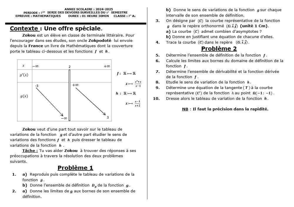 Aperçu de la première page — Tle A1 Mathématiques 2ème Devoir 1er Semestre Collège D'Enseignement Général 2024 2025