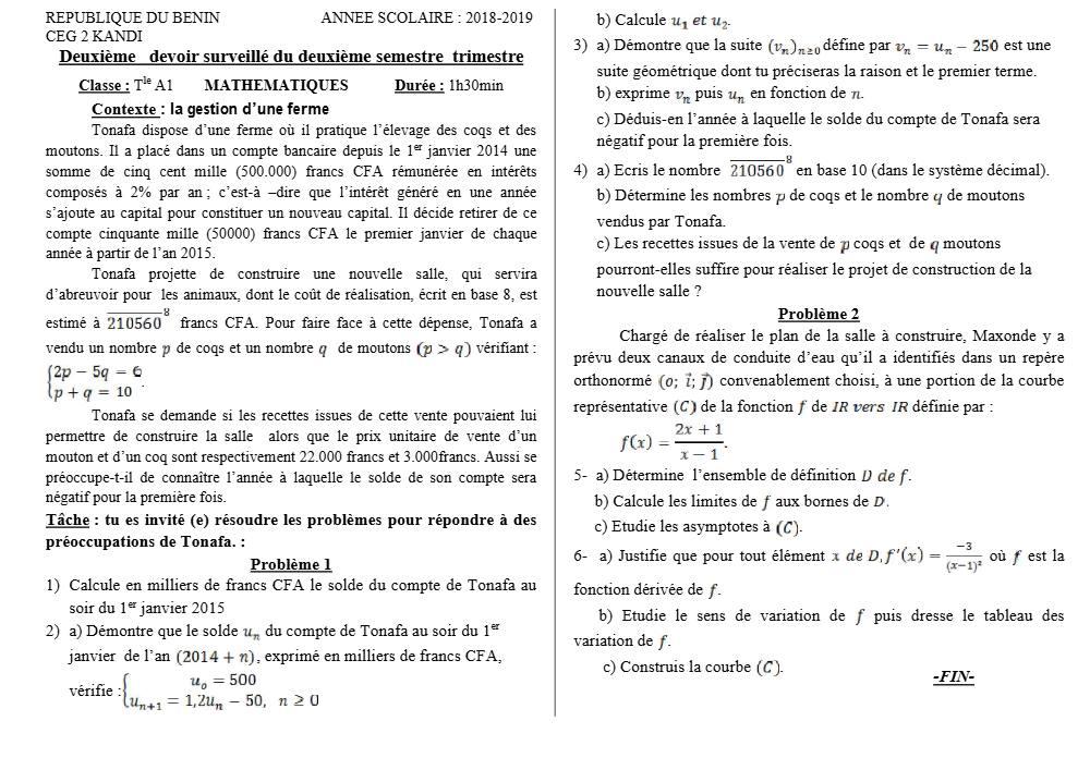 Aperçu de la première page — Tle A1 Mathématiques 2ème Devoir 2ème Semestre CEG2 Kandi 2018 2019