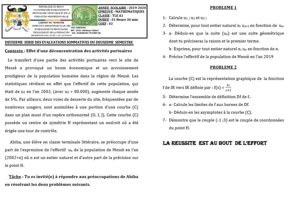 Aperçu de la première page — Tle A1 Mathématiques 2ème Devoir 2ème Semestre CEG Gbessou 2019 2020