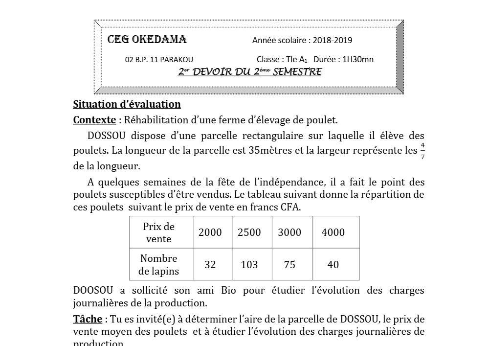 Aperçu de la première page — Tle A1 Mathématiques 2ème Devoir 2ème Semestre CEG Okedama 2018 2019