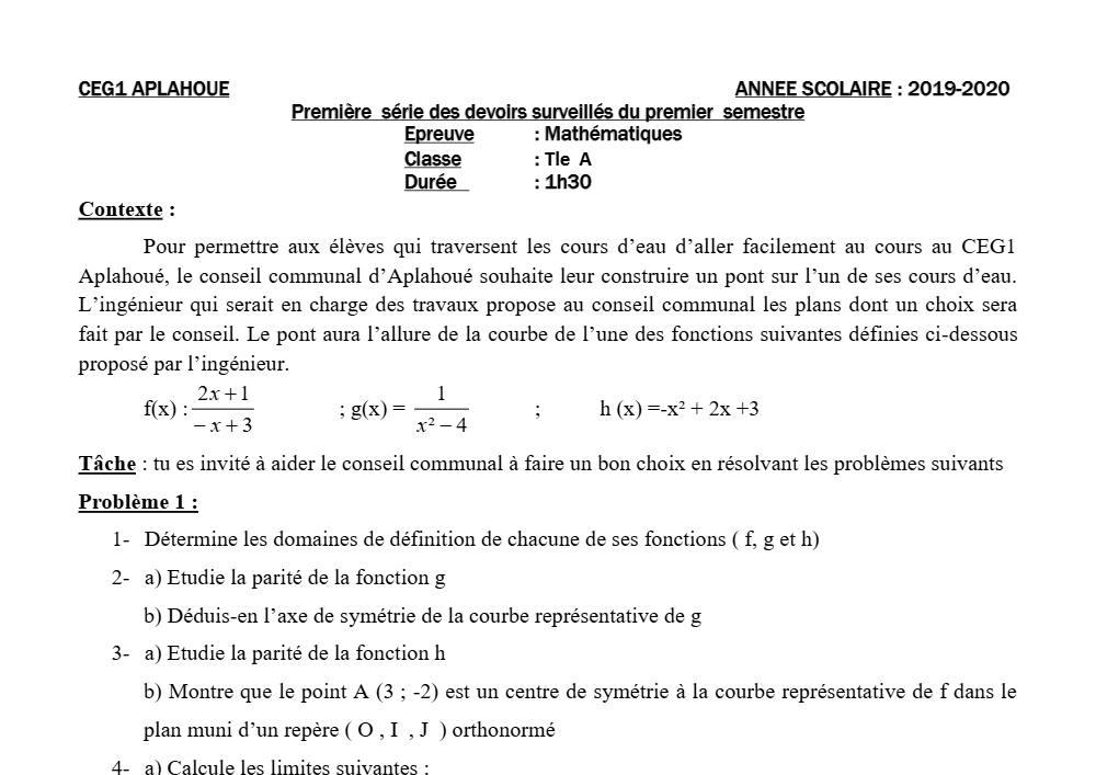 Aperçu de la première page — Tle A1 A2 Mathématiques 1er Devoir 1er Semestre CEG1 Aplahoué 2019 2020