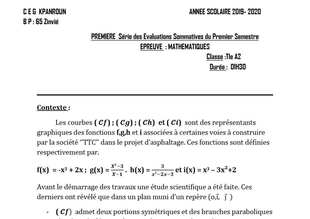 Aperçu de la première page — Tle A1 A2 Mathématiques 1er Devoir 1er Semestre CEG Kpanroun 2019 2020