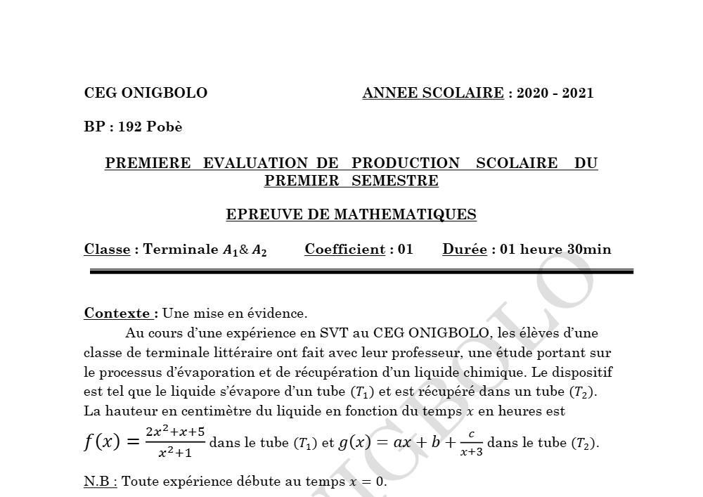 Aperçu de la première page — Tle A1 A2 Mathématiques 1er Devoir 1er Semestre CEG Onigbolo 2020 2021