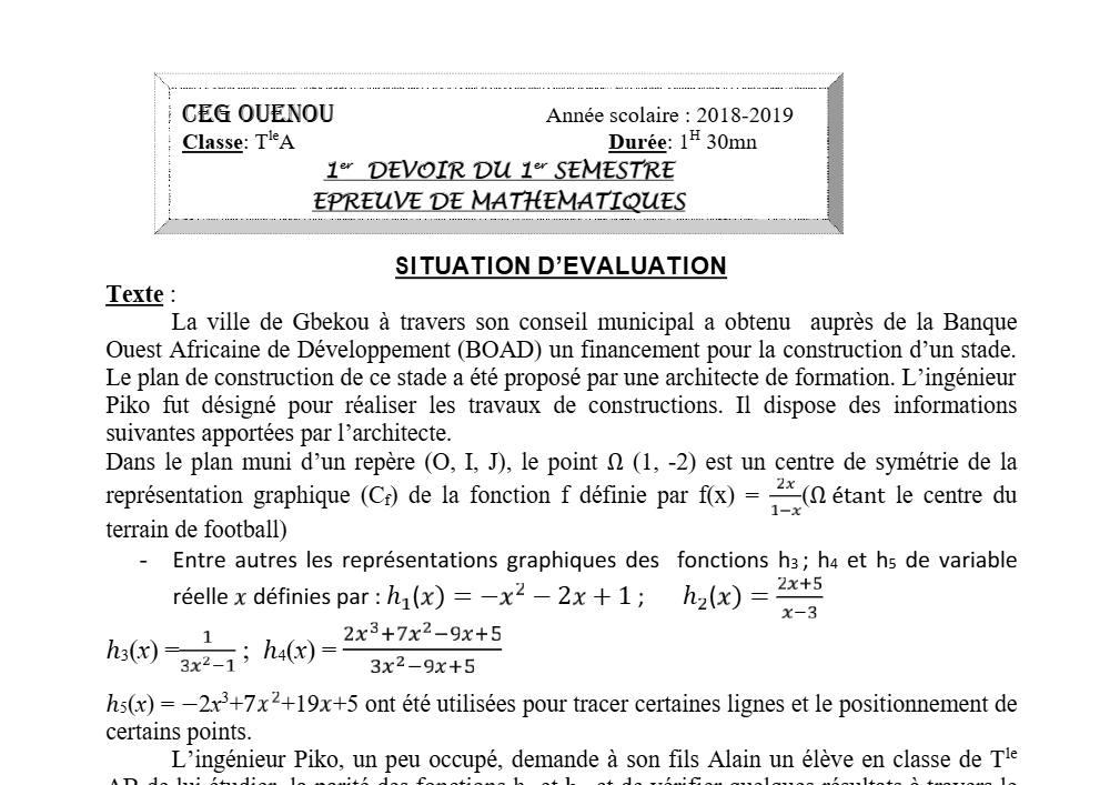 Aperçu de la première page — Tle A1 A2 Mathématiques 1er Devoir 1er Semestre CEG Ouenou 2018 2019