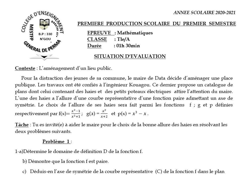 Aperçu de la première page — Tle A1 A2 Mathématiques 1er Devoir 1er Semestre CEG Perma 2020 2021