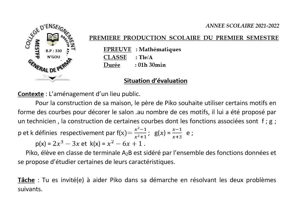 Aperçu de la première page — Tle A1 A2 Mathématiques 1er Devoir 1er Semestre CEG Perma 2021 2022