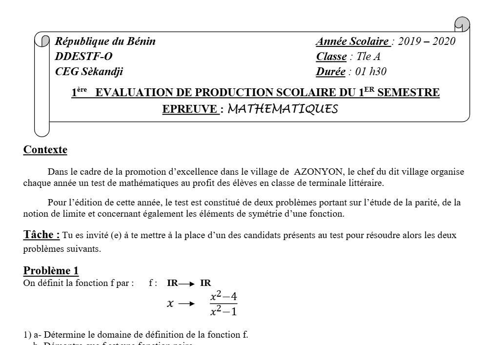 Aperçu de la première page — Tle A1 A2 Mathématiques 1er Devoir 1er Semestre CEG Sèkandji 2019 2020